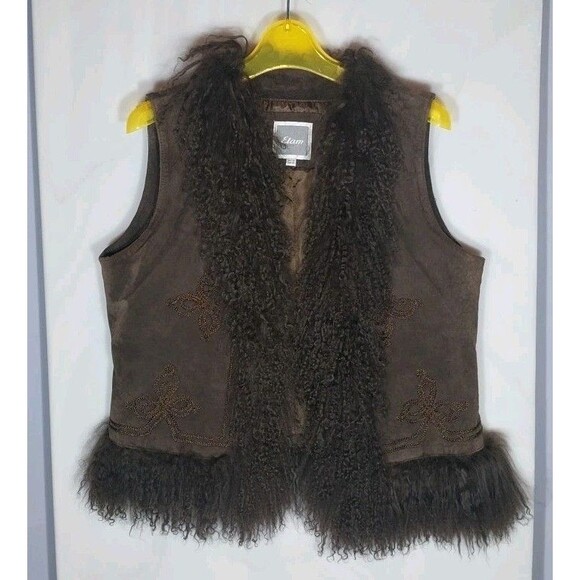 Etam Suede Vest Eur 42 (US 12) Embroidered Fur Trim Boho Hippie Cowgirl Western - Picture 1 of 14